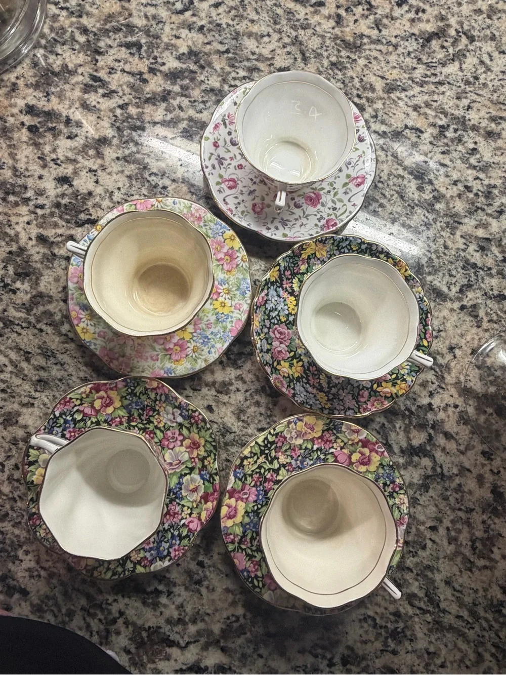 🌺 Five Vintage Rosina Bone China Tea Cup and Saucer Pink Floral Gold Rim